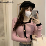 Cropped Pullovers Women Y2k Tops Square Collar Puff Sleeve Tunic Sueter Mujer Pull Femme Fashion Knitted Sweater