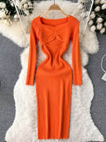 Hollow Out Sexy Knitted Dress Elegant Long Sleeve Slim Square Collar Fashion Ladies Party Bodycon Sweater Midi