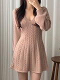 Color Cute V-Neck Cable Knit Long Sleeve Mini