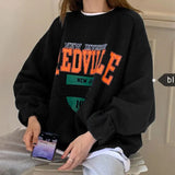 Women Fleece Letter Printed Pullover Sweatshirts Long Sleeve Casual Sports Lady Oversized Hoodie For 2021 Autumn Korean