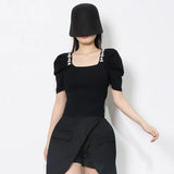 Casual Patchwork Diamonds Sweater For Women Square Collar Short Sleeve Solid Slim Knitting Pullover Female