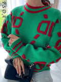 2021 Autumn Winter Long Sleeve Pink Sweater Women Knitted Green Y2K O Neck Loose Oversized Pullover Casual