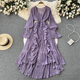 Bohemian Beach Long Dress Summer Women 2022 Ruched Long Sleeves V Neck Elegant Elastic Waist A Line Beach