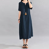 Sundress Women Vintage Linen Summer Dress 2022 Casual V Neck Short Sleeve Pockets Casual Loose Midi
