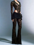 Sexy Women Lace Pants Set Summer Mesh Sheer Long Sleeve Bodysuits Tops Long Flared Pants 2 Pieces Outfits Streetwear-Outfit