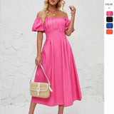 Women's Out-Shoulder Foam Short-Sleeved Folded High-Waisted Summer Solid-Colored