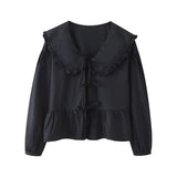 New Spring Doll Tie Casual Loose Solid Color Shirt-Outfit
