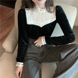 Black Blouse Women Clothes Lace Velvet Tops Fashion Korean Vintage Shirt Blusas Mujer De Moda Elegant Stand Neck