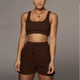 Solid Sportswear 2 Two Piece Sets Women 2021 Crop Top And Drawstring Shorts Matching Suits Summer Athleisure Outfits