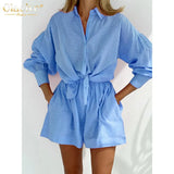 Fashion Long Sleeve Shirts Two Piece Sets Womens Outifits Casual Loose Blue Shorts Set Female Elegant Chic Shorts