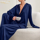 Causal Loose Home Suit Autumn Long Sleeve Shirts With High Wasit Pants Set Women Elegant Black Satin 2 Piece Pants