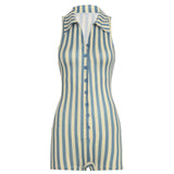 Trendy Casual Polo Collar Deep V Vertical Stripe Sleeveless Chimo Hottie Tight-Suited