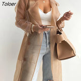 Women Fashion See Through Outdoor Tops Lace Up Spring Solid Sheer Mesh Long Sleeve Buttoned Coat With Belt Elegant