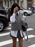 Women's College Style V-Neck Folded Loose Sleeveless Knitted Vest