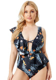 High-Leg Plunge Neck Floral Print Ruffles Plus Size One Piece