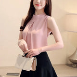 New Elegant Sleeveless Women's Shirts O-Neck Chiffon Blouse Pink Shirts Femininas Womens Clothes Blusas Mujer De Moda