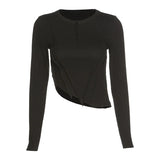 Stylish Lrregular Cut Rib Knit Patchwork Tshirt Women Solid Skinny Streetwear 2020 Fall Casual Activity Crop Tops