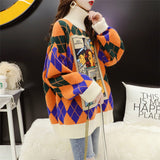 Oversize Turtleneck Pullover Sweater Women Cartoon Character Argyle Print Outwear 2022 Winter Korean Retro Loose