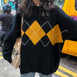 Oversized Sweater Dress Argyle Women Long Sleeve Pullover Round Neck Knitted Sweater Casual Knit Mini Sexy Party