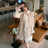 Vintage Glossy Shirt Dresses For Women Korean Bow Peter Pan Collar Flare Sleeve Dress+Sleeveless Blazer Vest 2 Piece