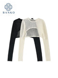 Spring Autumn Stylish Korean Loose Casual Sexy Thin O-Neck Crop Tops long sleeve Blouse Knitted Pullovers Party