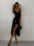 Sexy V-Neck Black Satin Women'S Dress 2022 Summer Elegant Sleeveless Slit Midi Dress Lady Bodycon Backless Party