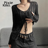 Y2k Grunge Black Sweater for Women Sexy Hollow Out See Through Drawstring V Neck Long Sleeve Top Fall 2023