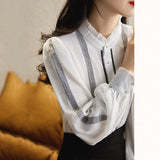 Wood Ear Lace Side Small Vertical Double-Necked Double-Lap Design Single-Lap Buckle Long-Sleeved Shirt Women 2025 Early Autumn New