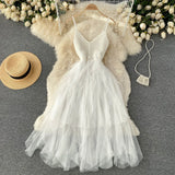 Irregular Mesh Strap Dress Women Sexy Sleeveless V Neck A-line Party Dress Summer Off Shoulder Vacation Beach
