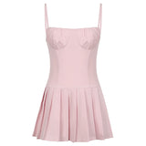 And Spicy Girl Chest Pleated One-Word Collar Small Sling Waist Show Thin Pleated Dress Pure Desire Girl Short Skirt-Outfit