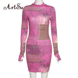 Striped Print Mini Dress Women 2020 Autumn Turtleneck Long Sleeve Bodycon Skinny Dresses Fashion Female Outfit