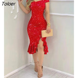 Women Fashion Elegant Sexy Glitter Off Shoulder Ruffles Slit Midi Dress Sexy Party Solid Red Black Bodycon
