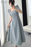 Square Collar Casual French Midi Dress for Women Elegant Party Ladies Pleated A-Line Femme Fashion Bodycon Dress