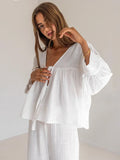 Cotton Home Suits Women 2 Piece Sleep Sets Casual Lace Up Nightwear V Neck Top And Pants Suit Solid White