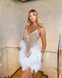 New Sexy Sling With Bra Feathers Spliced Super Short Skirt Stage Performance