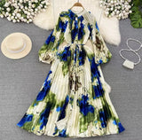Quality Light Extravagant Lantern Long Sleeved Round Collar Waist Slim Single Breasted Printed Dress Elegant Long Skirt-Outfit
