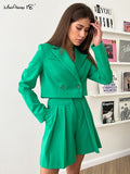 Ladies Elegant Blazer And Pleated Shorts Fashion Two Piece Set Notched Collar Green Chic 2 Pieces Suit shorts