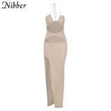 Summer Long Slim Solid Color Halterneck Dress Sleeveless Low-cut Cut Out Waist Design Elegant Goddess Style For