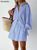 Summer White Elegant Jacquard Fabric Soft Vacation Suits Women Long Sleeves Shirts And Hot Pants Two Pieces