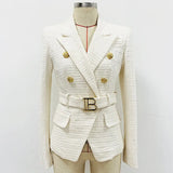 QUALITY New Fashion 2022 Designer Jacket Women's Slim Fitting Double Breasted Lion Buttons Monogram Jacquard Belted