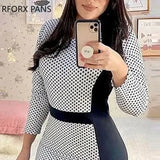 Women Elegant Chic Polka Dot Patchwork Round Neck Wrist Mermaid Bodycon Midi Working Dress-Outfit