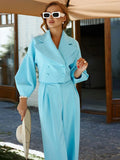 Women Lantern Sleeve Suit Sets Fashion Lapel Double-breasted Straight Pants Outfit Winter Casual Female Two Piece