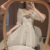 Puff Sleeve Lace Fairy Dresses French Korean Japan Style Kawaii Elegant Vintage Chiffon Bodycon Dress Women Clothing