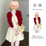 Gentle Temperament Red Knitted Shirt Coat Wave Dot Square Tie Dress Women's Spring And Summer New