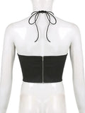 Women's Denim Short Tank Tops Slim Halter Lace-up Backless Spliced Plush Black Irregular Camis 2024 Spring New Fashion-Outfit