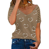 Women Heart Striped Printed Zipper T Shirt Short Sleeve Casual Tops Loose Summer Fashion Sexy Clothing Top De