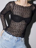 Women Lace Floral T-shirts Crop Tops Long Sleeve Slim Mesh Sheer See Through Tees Shirts Summer Party Streetwear 2023-Outfit