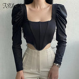 2021 Autumn Winter Corset Crop Top Women Tube Bustier Black Khaki Sexy Casual Y2K Long Sleeve T Shirts Party
