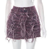 Women's Denim Skirt Do Old Solid Color Burrs Tassel Slim High Waist Short A-line Mini Skirt 2024 Summer New Fashion 29L2618-Outfit