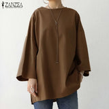 Womens Baggy Solid Blouse ZANZEA 2022 Vintage Flare Sleeve Tops Casual Autumn Blusas Female Split Tunic Oversized